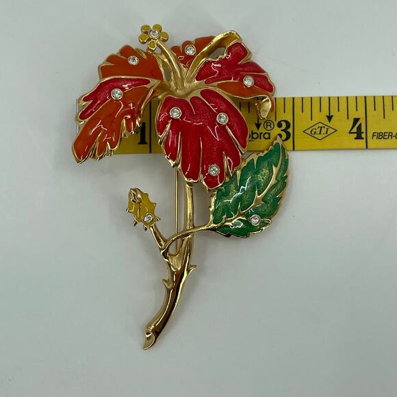 Vtg. 1994 Avon Hibiscus Enameled Brooch Jose Maria Barrera, Rhinestones, Signed - Picture 6 of 7